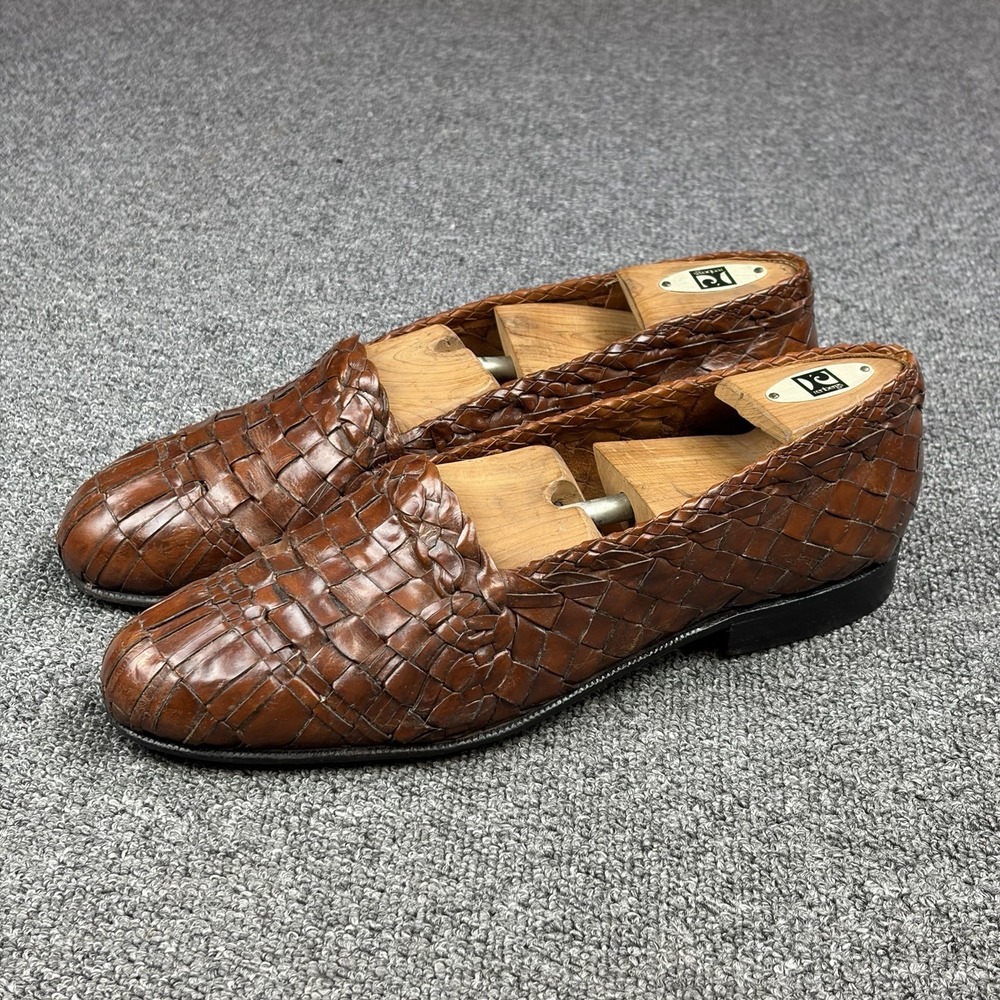 Moreschi Full Basketweave Leather Loafers Woven Chestnut Brown Italy Mens US 9.5